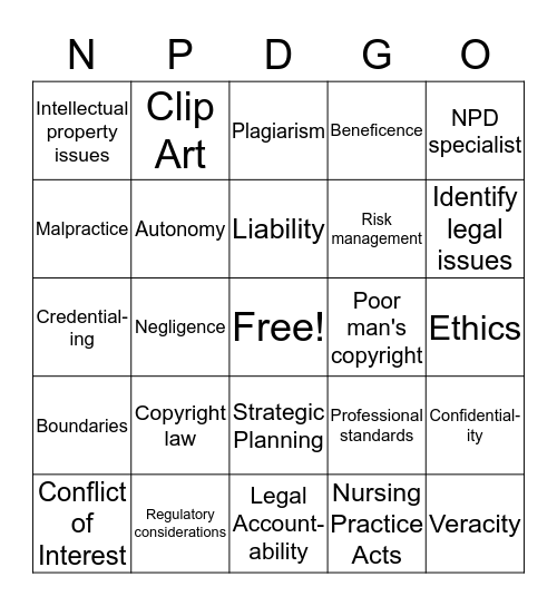 Ethical and Legal issues in NPD Bingo Card