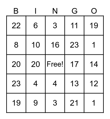 12x12 Addition Bingo Card