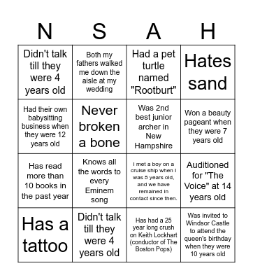 NSAH Bingo Card