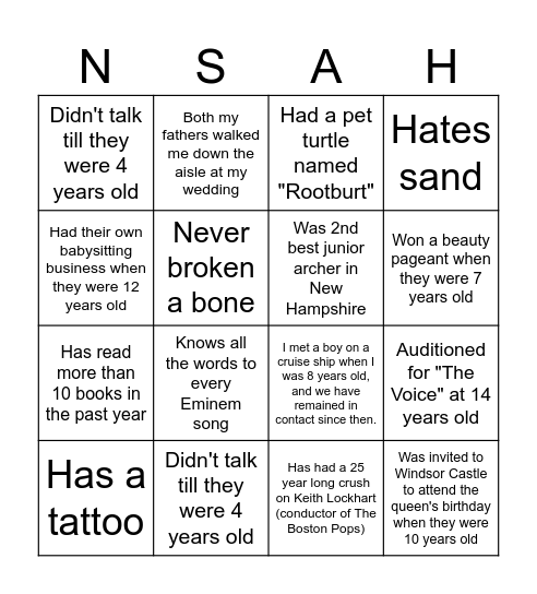 NSAH Bingo Card