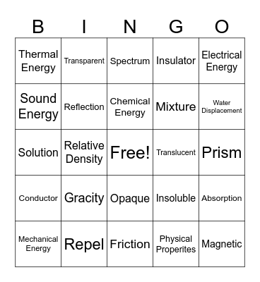 Physical Science Bingo Card