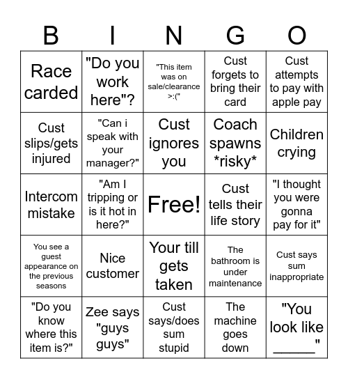 Walmart bingo Card