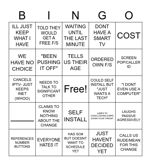 Streaming Conversions Convos x2 Bingo Card