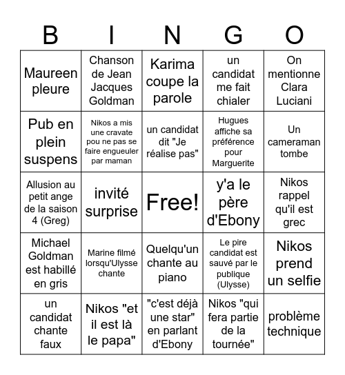 Bingo StarAcadémie Bingo Card