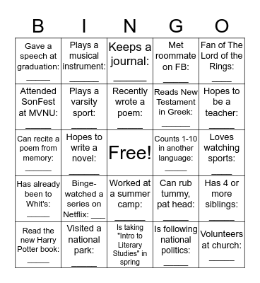ENGLISH & ILA MAJORS WELCOME BINGO   Bingo Card