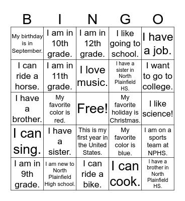 Getting to know you Bingo Card