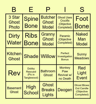 Phasmo Bingo Card