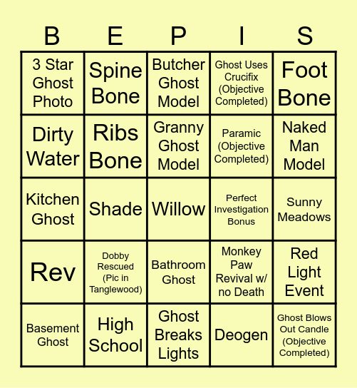 Phasmo Bingo Card