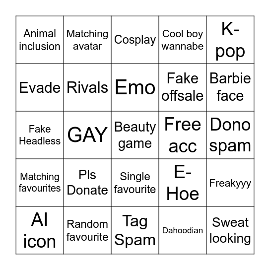 Roblox Tinder 7 Bingo Card