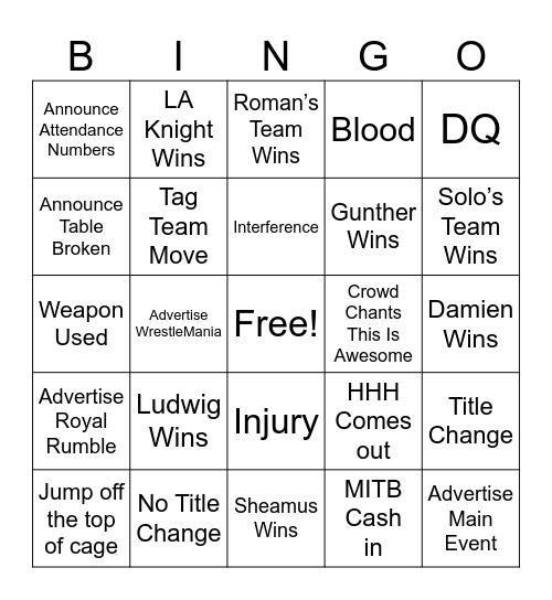 Survivor Series Bingo Card