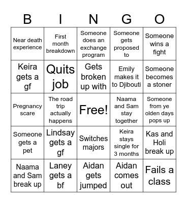 Freshman year bingo Card