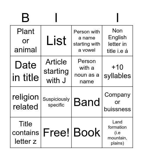 Wikipedia random article Bingo Card