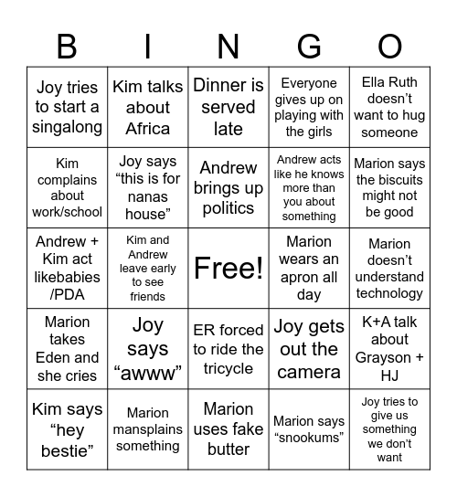 Hunter Family Thanksgiving Bingo Card