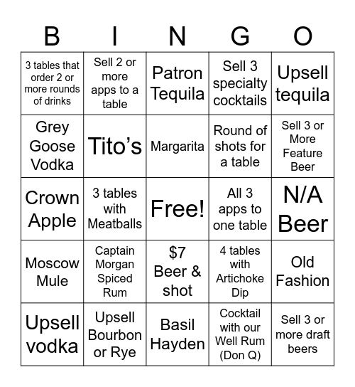 Beer/Cocktail/App Bingo Card