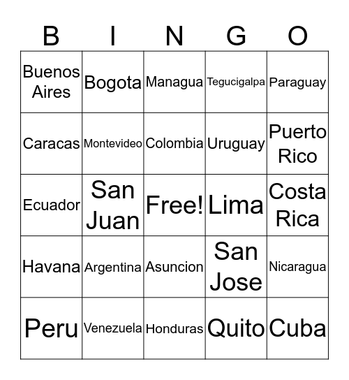 Países y ciudades Hispanos Bingo Card