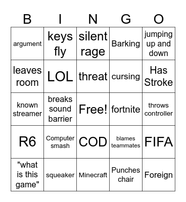 Gamer rage bingo Card