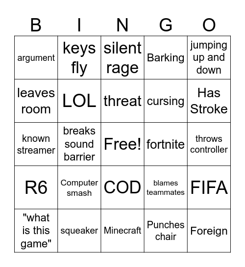 Gamer rage bingo Card