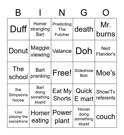 Sipsons Bingo Card