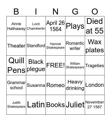 Shakespeare Bingo Card