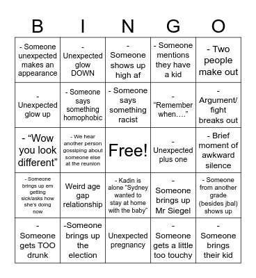 Reunion Bingo Card