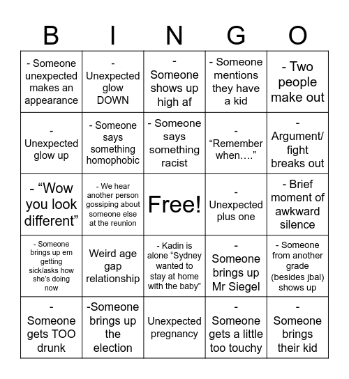 Reunion Bingo Card