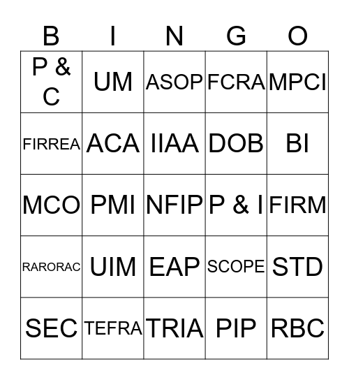 Acronym Bingo Card