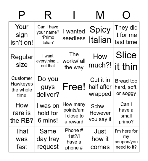 Primo Bingo Card