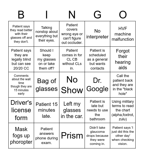 Eye Clinic Bingo Card