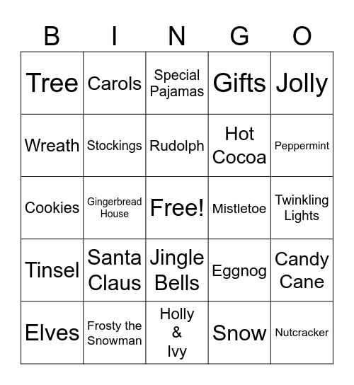 Family Christmas Party Bingo Card