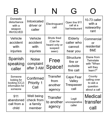 Call Taker BINGO Card