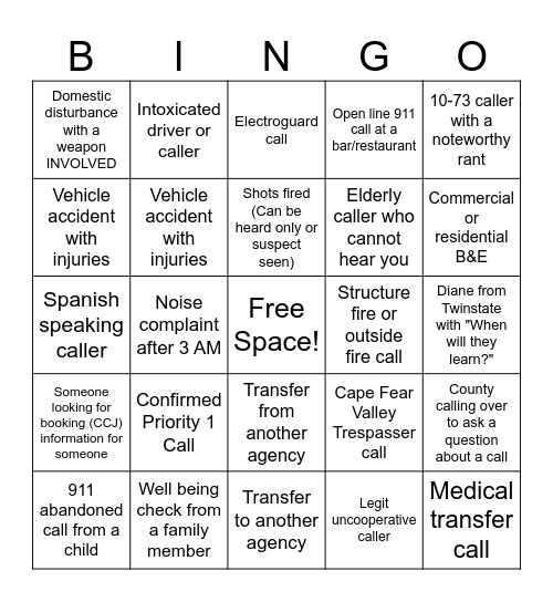 Call Taker BINGO Card