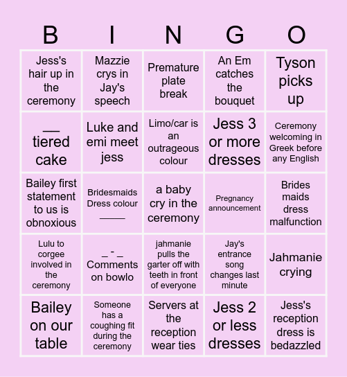 Wedding Bingo Card