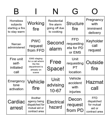 Fire Dispatch Bingo Card