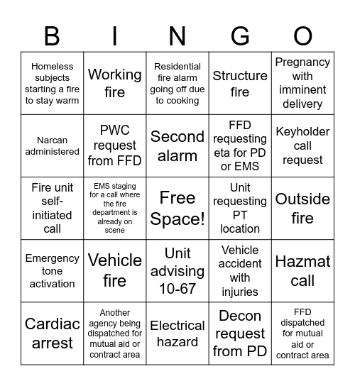 Fire Dispatch Bingo Card