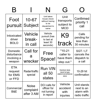 PD dispatch Bingo Card
