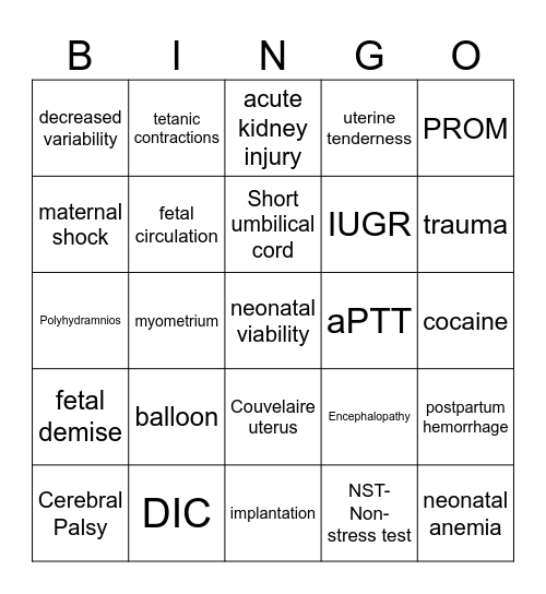 Abruptio Placentae Bingo Card