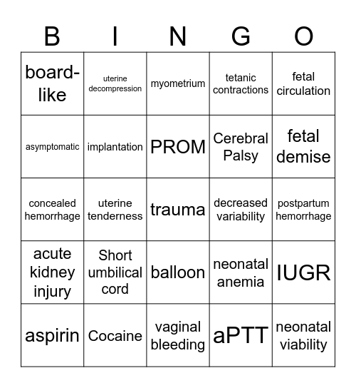 Abruptio Placentae Bingo Card
