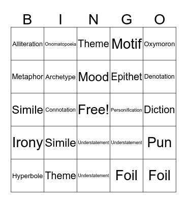 Figurative Language Bingo Card