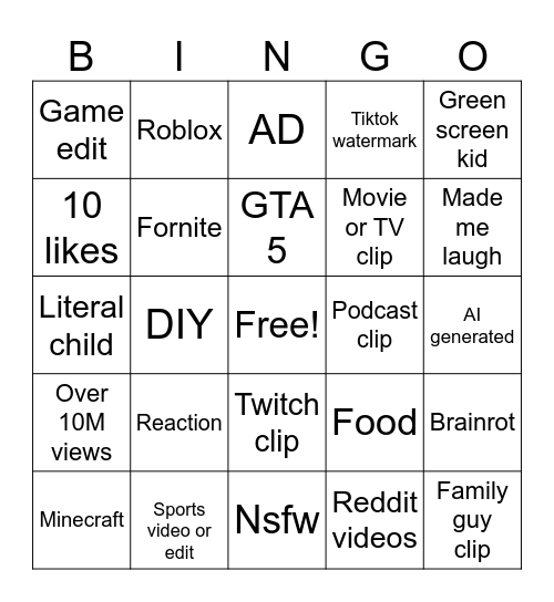 YouTube shorts Bingo Card