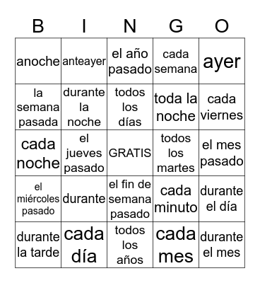 Past tense trigger words Bingo Card