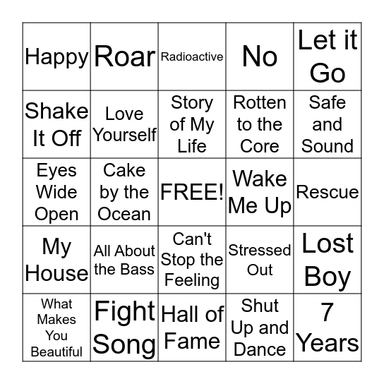 Pop Song Bingo Card