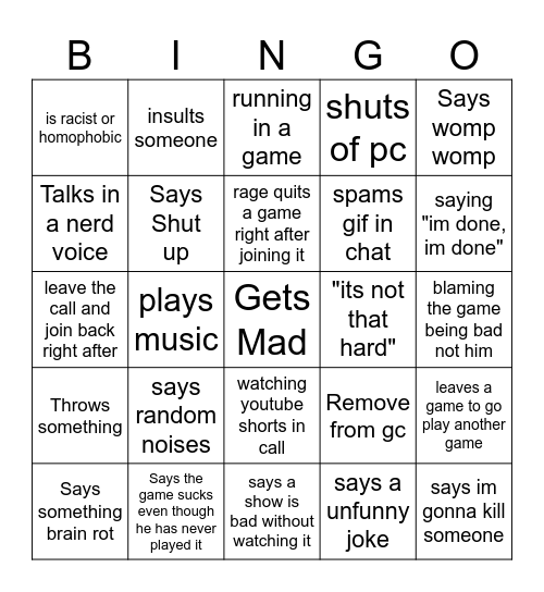 Annoying friend bingo Card