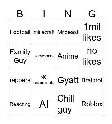 youtube short bingo Card