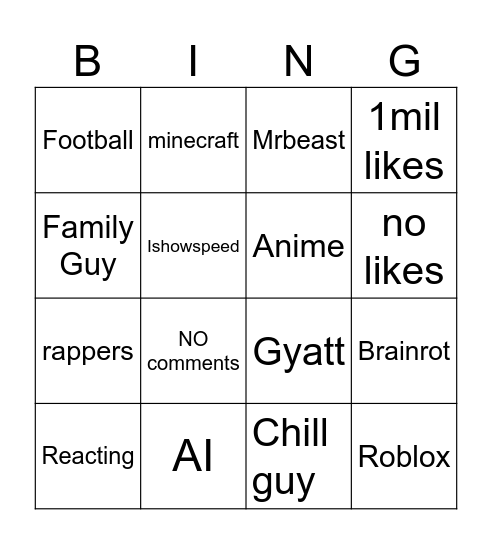 youtube short bingo Card