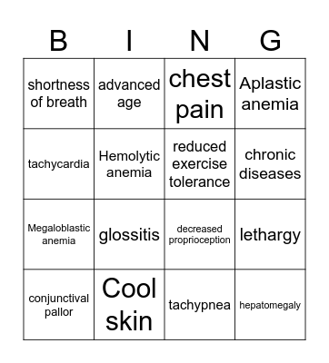Anemia Bingo Card