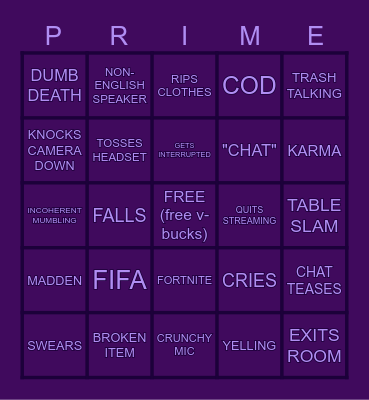 GAMER RAGE BINGO BOARD Bingo Card