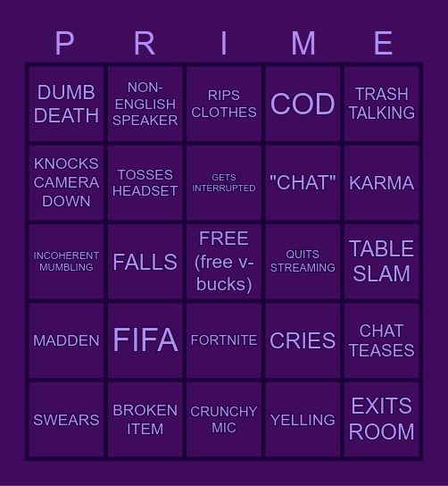 GAMER RAGE BINGO BOARD Bingo Card