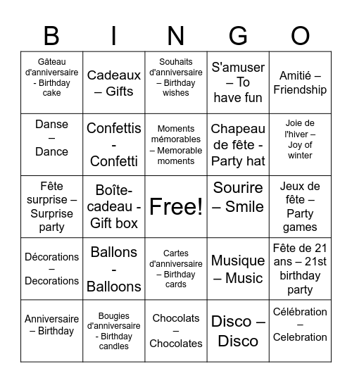 Le 21e anniversaire de Bavneet Bingo Card