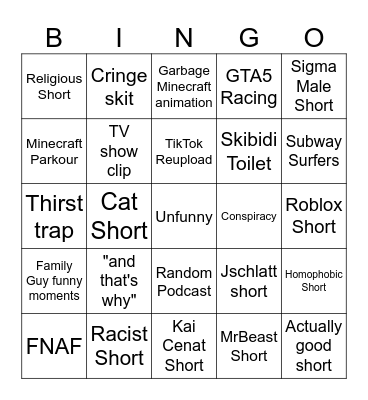 YouTube Shorts Bingo Card