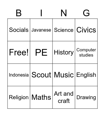 School subjects Bingo Card